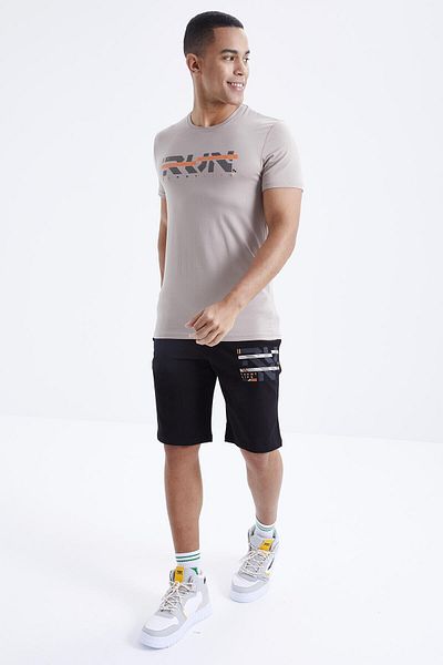 TOMMY LIFE Dark Beige - Black Text Printed O-Neck Bermuda Men's Shorts Set - 85167