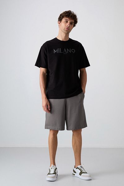 TOMMY LIFE Černá bavlna Silné pánské tričko s měkkým texturovaným oversize Fit s potiskem - 88345