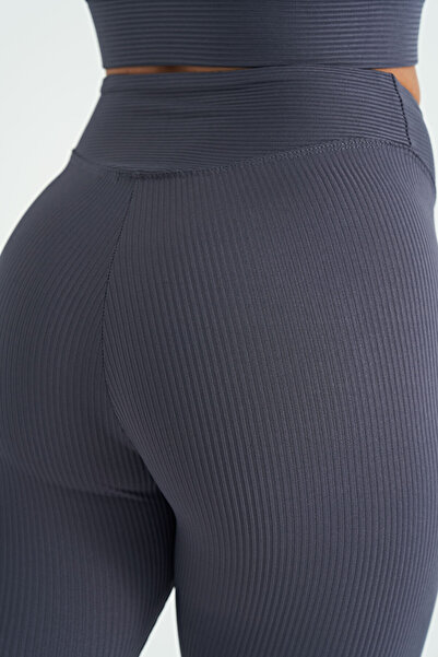 TOMMY LIFE Anthracite Piping Detailed High Waist Slim Fit Ribbed Women's Leggings - 94643