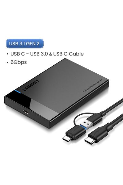 Ugreen | علبة محرك أقراص صلبة USB 3.1 إلى SATA مقاس 2.5 بوصة (6 جيجابت في الثانية) | أسود