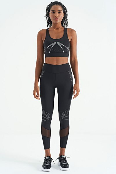 TOMMY LIFE Black Front and Back Print Detailed U-Neck Slim Fit Women's Sports Bustier - 97252