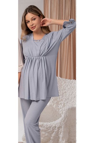 Bone Club 3-Piece Embossed Pattern Maternity Pajama Set with Dressing Gown