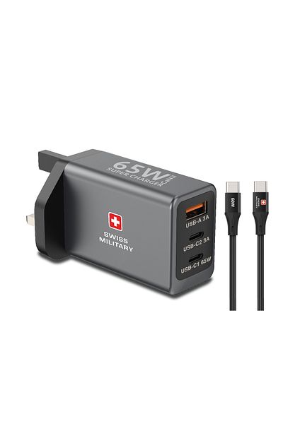 Swiss Military 65W GaN II 3-Port Fast Charger | 2 USB-C PD & 1 USB-A | 60W Braided Cable|Universal Use|5Yr Warranty