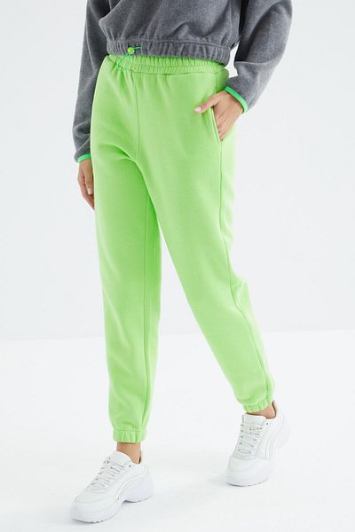 TOMMY LIFE Pantaloni de trening pentru femei, de bază, din bumbac, cu talie înaltă, verde fistic, cu 3 fire - 94624