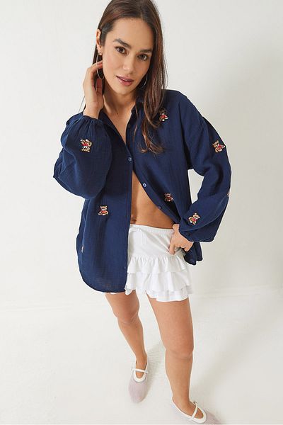 Bianco Lucci Women's Teddy Embroidered Oversize Cotton Shirt with Elastic Sleeves 2060 60283011