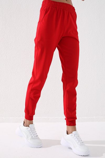 TOMMY LIFE Red High Waist Comfortable Form Cuffed Women's Tracksuit Bottom