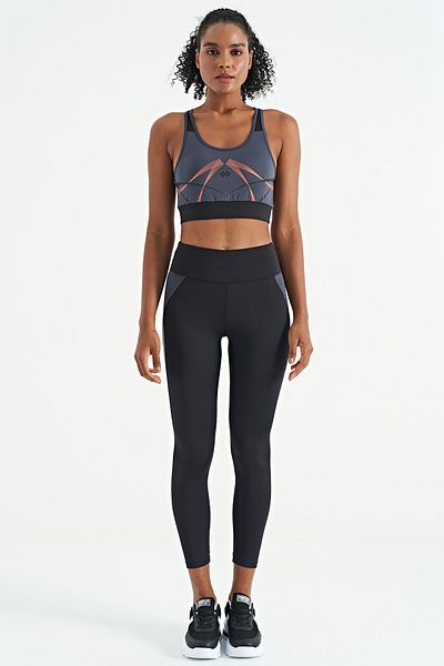 TOMMY LIFE Anthracite Front and Back Print Detailed U-Neck Slim Fit Women's Sports Bustier - 97252