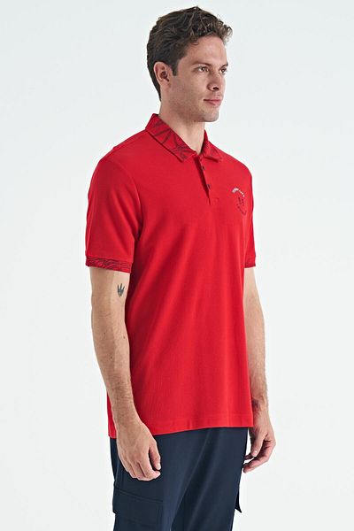 TOMMY LIFE Red Text Embroidered Print Detailed Standard Pattern Polo Neck Men's T-Shirt - 88239