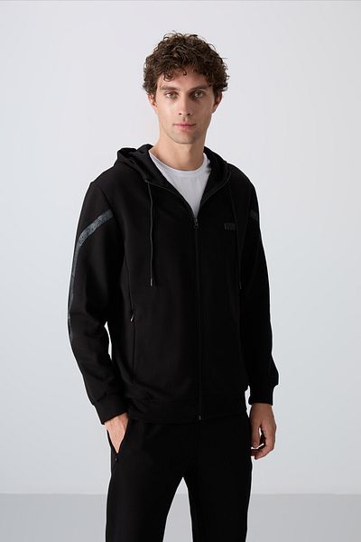 TOMMY LIFE Μαύρο βαμβακερό σετ ανδρικής φόρμας φόρμας με στάμπα, με απαλή υφή, σετ ανδρικής φόρμας - 85236