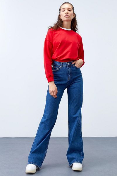 TOMMY LIFE Red Basic Comfortable Form O Neck Women's Sweatshirt - 97114