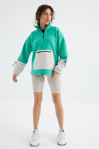 TOMMY LIFE Sea Green Oversize Fleece Φούτερ - Φούστες με κορδόνια, Μισό φερμουάρ - 97238