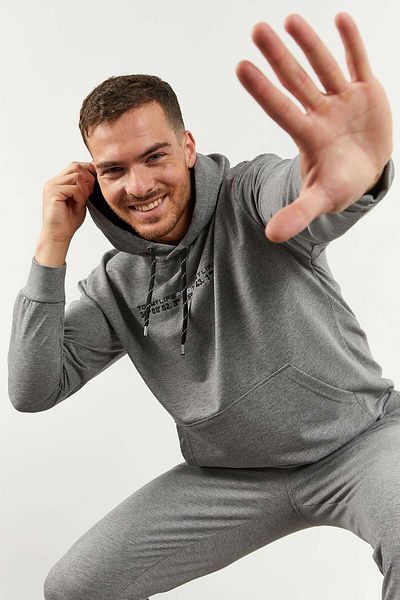 TOMMY LIFE Ανδρικό Σετ φόρμας OvErsizE Grey mElangE με κουκούλα, πόδι από καουτσούκ Pocket Kangaroo - 85117