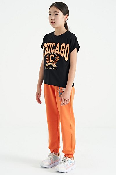 TOMMY LIFE Partea de jos a treningului pentru fete Jogger cu model standard brodat cu text portocaliu - 75120