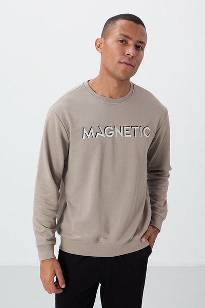 TOMMY LIFE Ανδρικό φούτερ Camel Text Embroidered O Neck Comfortable Form Fleece Inside - 88020