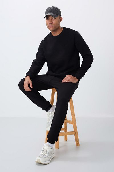 TOMMY LIFE Μαύρη βαμβακερή χοντρή γούνινη εσωτερική απαλή υφή Comfort Fit κεντημένη ανδρική φόρμα -85265