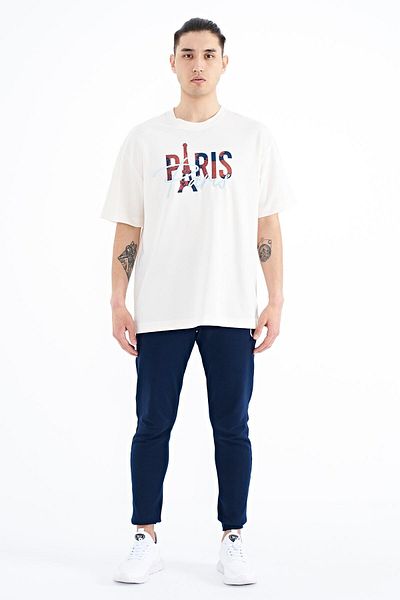 TOMMY LIFE Ανδρικό μπλουζάκι Ecru Text Embroidered O Neck Oversize - 88223