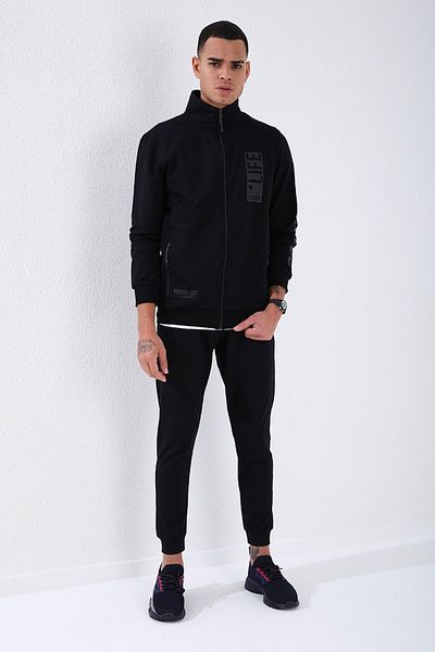 TOMMY LIFE Ανδρική φόρμα αθλητικής φόρμας Navy Blue Stand γιακά με τυπωμένο κείμενο Standard Fit με μανσέτες - 85149