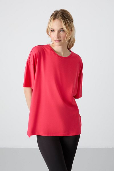 TOMMY LIFE Soft Keyed Oversize Women's T-Shirt - Rose Combed Cotton Modal Basic Fit - 97285