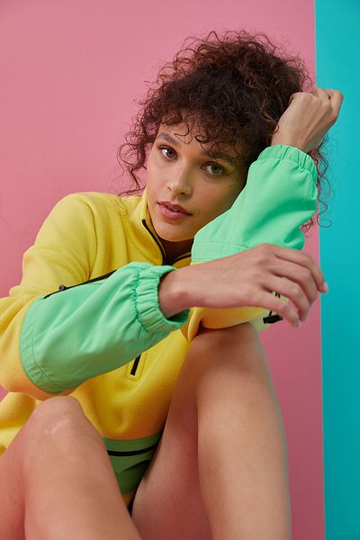 TOMMY LIFE Hanorac supradimensionat din fleece pentru femei cu model de lămâie - cu jumătate de fermoar, fustă adunată - 97238