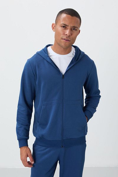 TOMMY LIFE Ανδρική φόρμα αθλητικής φόρμας Comfort Fit με κουκούλα με κουκούλα από συμπαγή βαμβακερή χοντρή λεία υφή - 85262