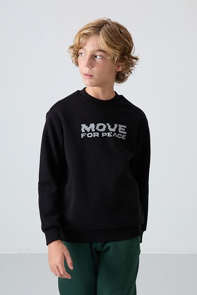 TOMMY LIFE Boy's Black Cotton Sweatshirt - Thick Furry Inside, Soft Texture, Printed - 11216