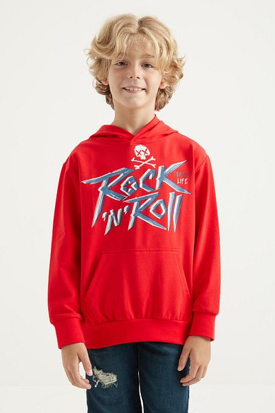TOMMY LIFE Red Text Printed Kangaroo Pocket Hooded Standard Fit Boy's Sweatshirt - 11002