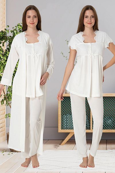 lohusahamile Ecru Scallop Collar Maternity Pajamas and Dressing Gown Set