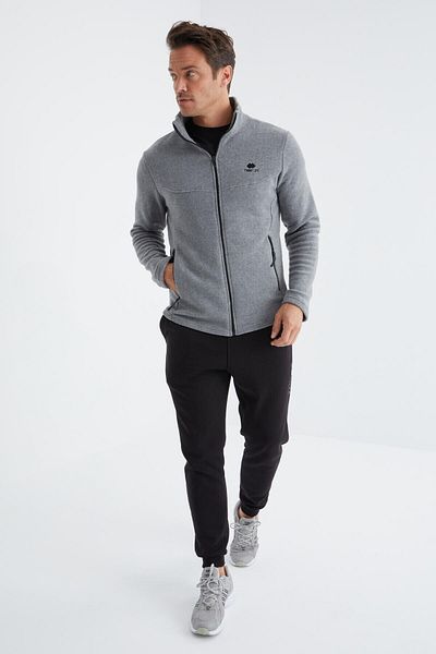 TOMMY LIFE Stand Collar Gray Melange Men's Fleece Sweatshirt - Zippered, Standard Size - 88134