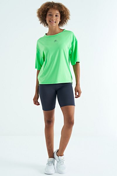TOMMY LIFE Neon Green O-Neck Print Detailed Oversize Short Sleeve Women's T-Shirt - 97263