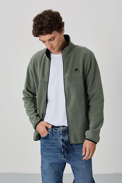 TOMMY LIFE Pánská mikina Çağla Text Vyšívaný stojáček Zip na zip Standardní velikost Fleece - 87992