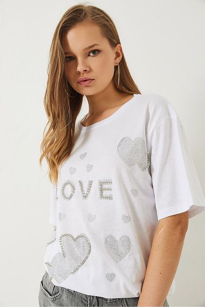 Bianco Lucci Tricou de damă cu decolteu și mărgele cu imprimeu inimă de piatră 60261389