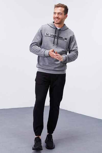 TOMMY LIFE Ανδρικό φούτερ με κουκούλα σε γκρι Melange Kangaroo Pocket Standard Fit - 87883