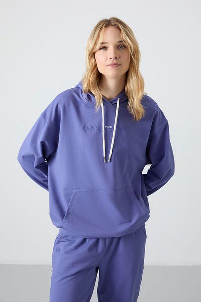 TOMMY LIFE Γυναικεία αθλητική φόρμα λιλά με κουκούλα Kangaroo Pocket Oversize Rubber Leg - 95288