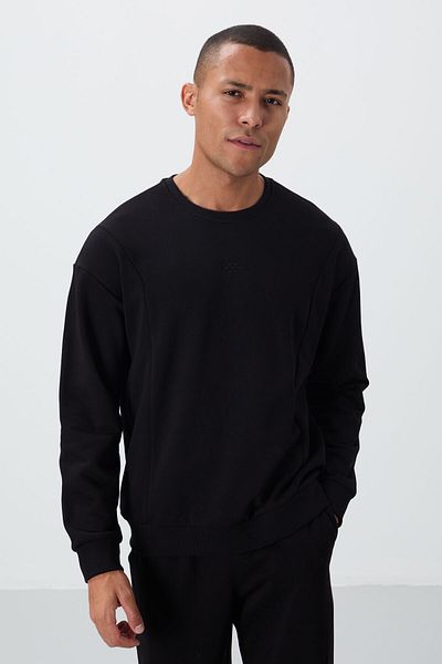 TOMMY LIFE Μαύρο συμπαγές βαμβακερό χοντρό λείο ανάγλυφο ανδρικό σετ φόρμας Comfort Fit -85263