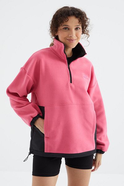 TOMMY LIFE Candy Pink Half Zipper Hem Gathered High Collar Oversize Women's Fleece Sweatshirt - 97236