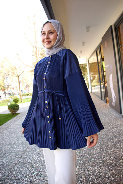 LOCCO Women's Erect Pleated Gathering Coopration for Navy Blue Modal Burgonya Shirt