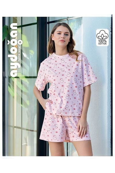 Aydoğan Women's Oversize Single Jersey Short Sleeve Pocket Shorts 100% Cotton Patterned Pajama Set