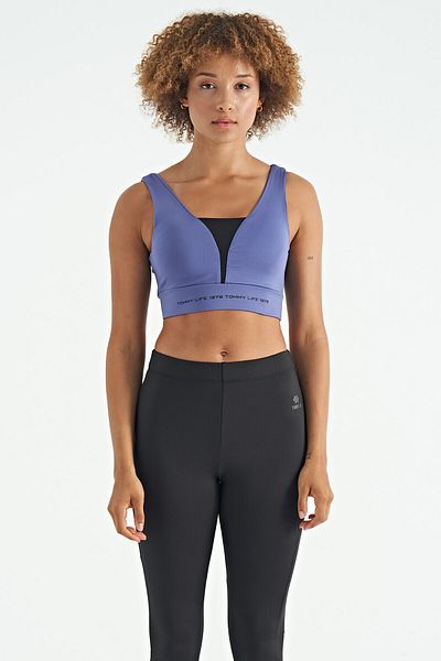 TOMMY LIFE Bustieră de damă din țesătură de scufundări slim fit cu imprimeu text violet - 97271
