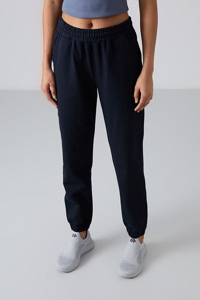 TOMMY LIFE Pantaloni de trening pentru femei, albastru bleumarin, cu talie înaltă, cu talie înaltă, cu picioare din cauciuc - 94583