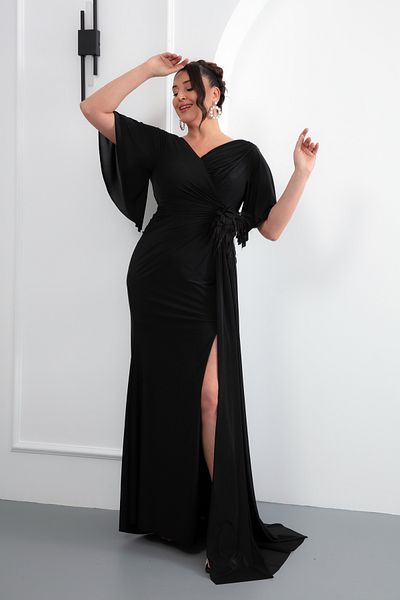 Lafaba Women's Black Short Sleeve Plus Size Long Evening Dress