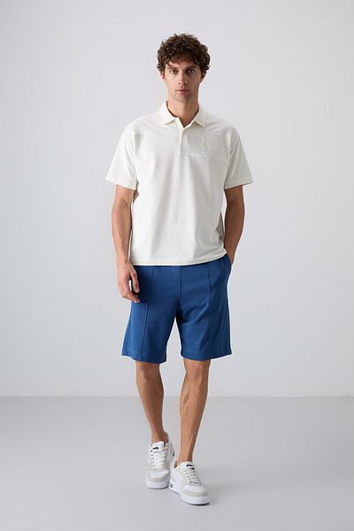 TOMMY LIFE Ecru Cotton Thick Soft Textured Oversize Fit Printed Polo Collar Men's T-Shirt - 88347
