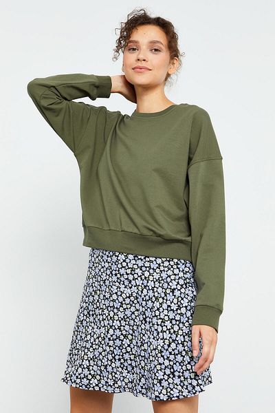 TOMMY LIFE Khaki Basic Comfortable Form O Neck Women's Sweatshirt - 97114