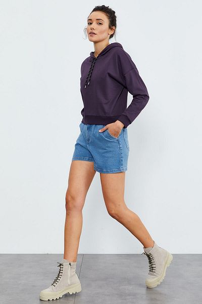 TOMMY LIFE Women's Comfortable Form Purple Long Sleeve Hooded Sweatshirt - 97115