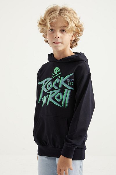TOMMY LIFE Boy's Sweatshirt - Navy Blue, Text Printed, Kangaroo Pocket, Hooded, Standard Size - 11002