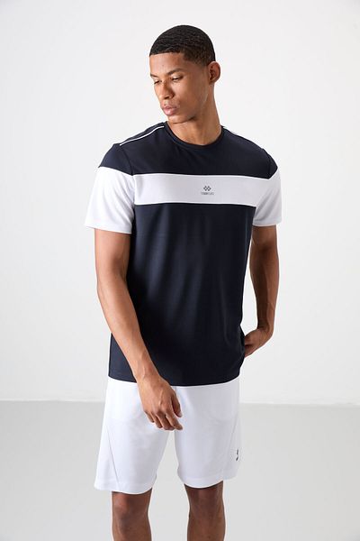 TOMMY LIFE Ανδρικό μπλουζάκι με αναπνεύσιμη υφή Navy Blue με λεπτή ελαστική τυπική εφαρμογή - 88396