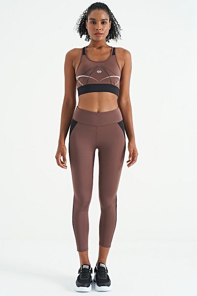 TOMMY LIFE Brown Front and Back Print Detailed U-Neck Slim Fit Women's Sports Bustier - 97252
