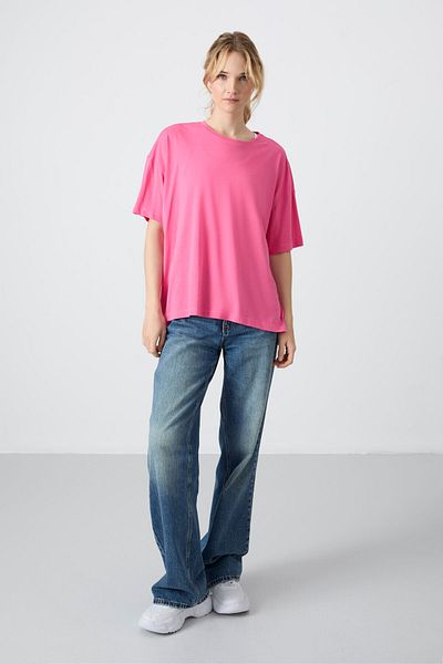 TOMMY LIFE Candy Pink Oversize Combed Cotton Modal Women's T-Shirt - Soft Button Basic Model - 97285