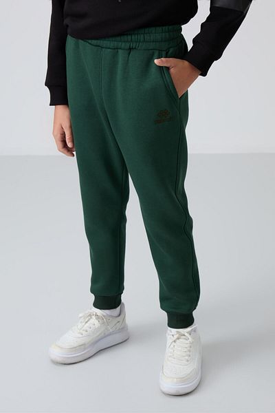 TOMMY LIFE Boy's Embroidered Sweatpants - Pine Green, Cotton, Thick Fur Inside, Soft Textured - Standard Fit - 112