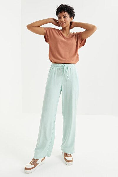 TOMMY LIFE Aqua Green Waist Drawstring Lace-up Classic Leg Twist Fabric Women's Tracksuit Bottom - 94619