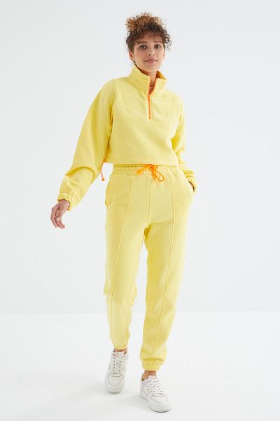 TOMMY LIFE Lămâie cu umăr scăzut, talie cu șnur, fermoar pe jumătate, trening oversize pentru femei - 95321